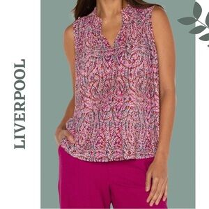 Liverpool Women's Pink Fuschia Paisley Print Sleeveless Top Ruched Neckline XS
